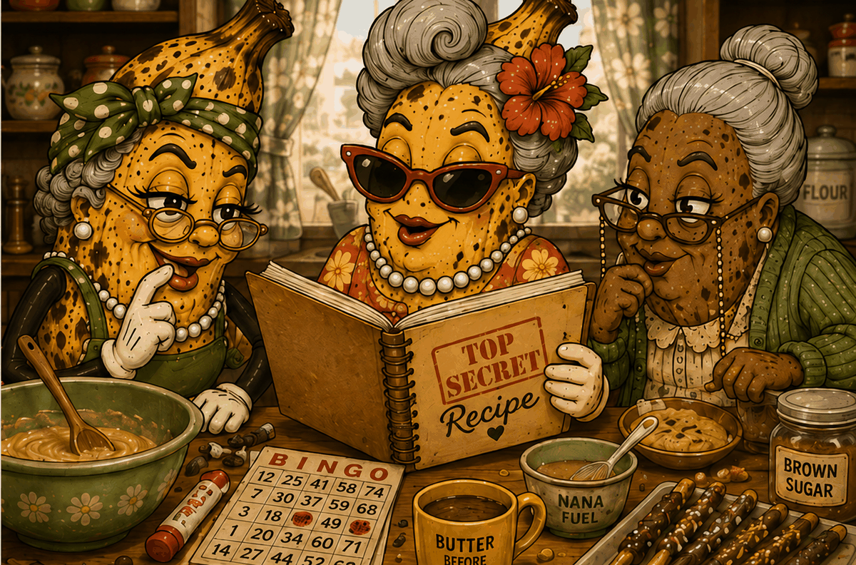 The nanas at work on new recipes; mixing bowls, sewing kit cookies, bingo cards