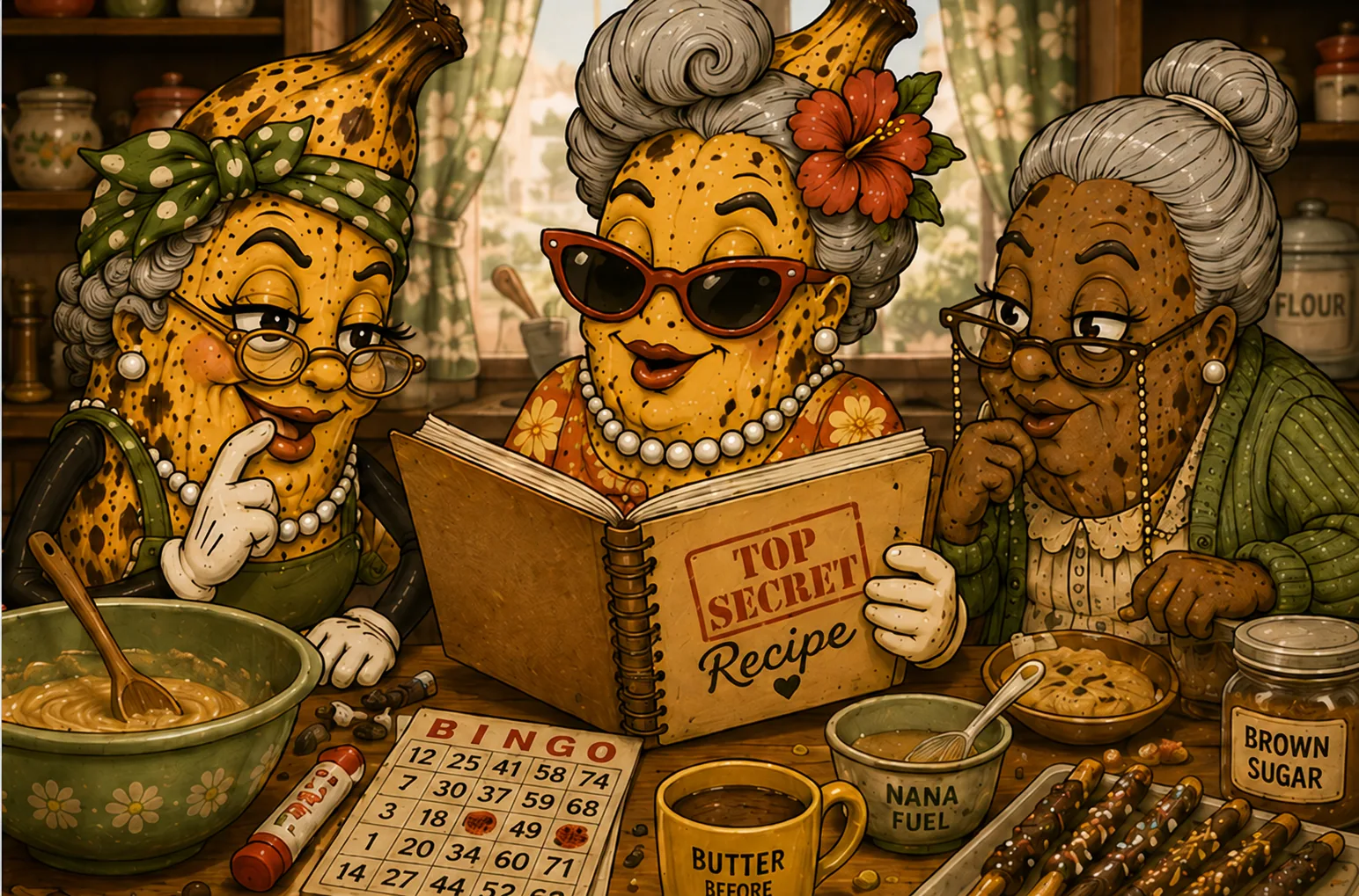 The nanas at work on new recipes; mixing bowls, sewing kit cookies, bingo cards