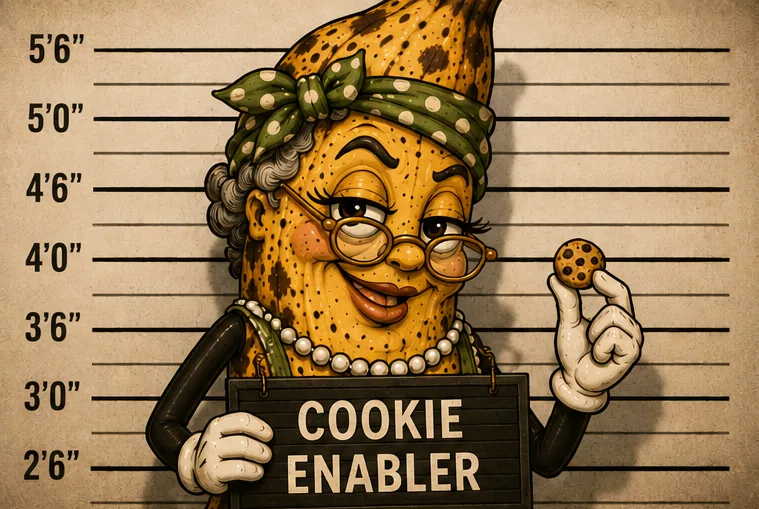 Granny Bananny 'wanted poster' style: holding her cookie tray, pearls on, utterly unrepentant. Height-chart mugshot background optional