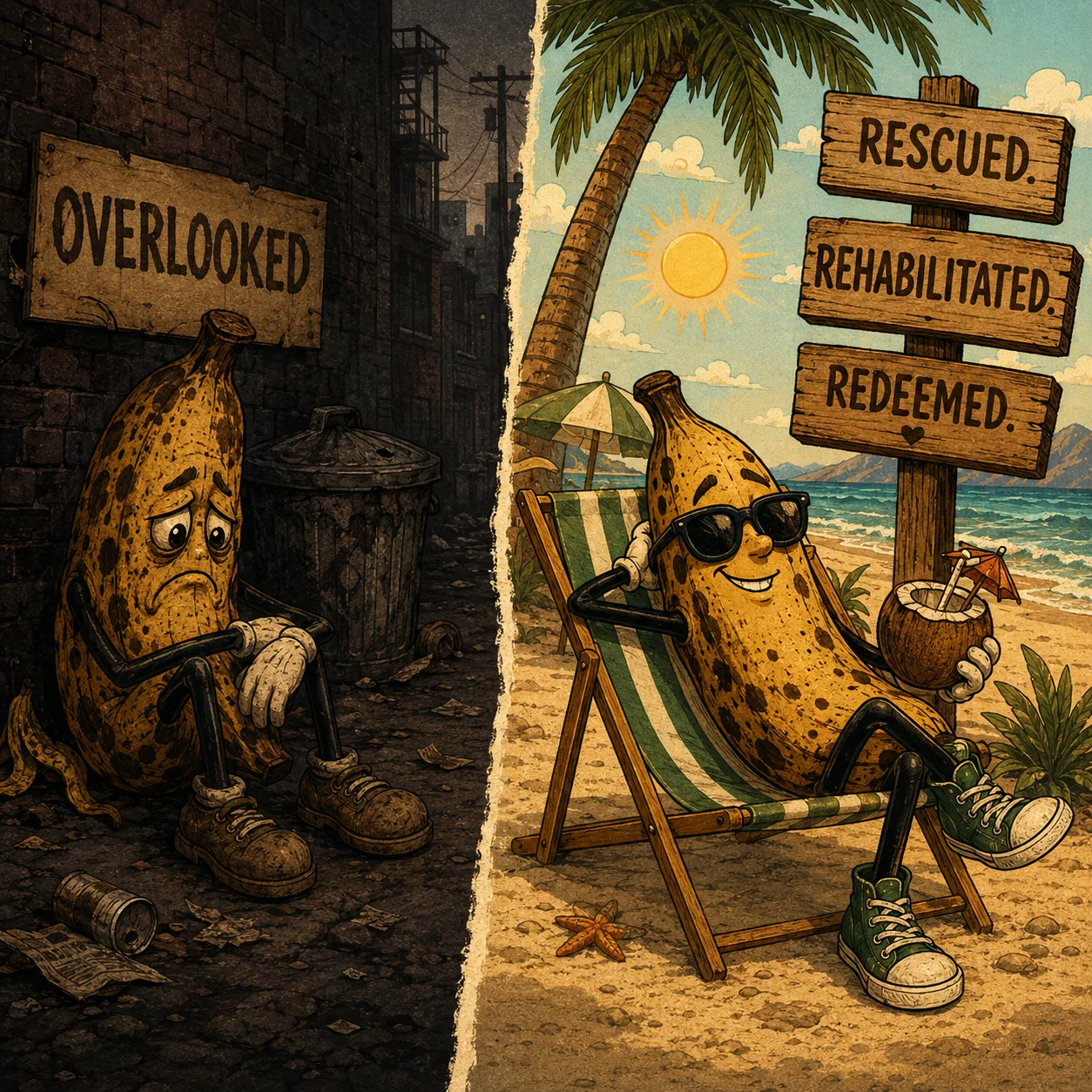 Left: a sad overlooked banana slumped by a trash can under a sign reading Overlooked. Right: the same banana rehabilitated in a beach chair with sunglasses and a coconut drink, beside signposts reading Rescued. Rehabilitated. Redeemed.