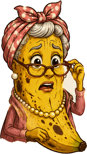 A banana granny in a pink polka-dot bandana and pearls.