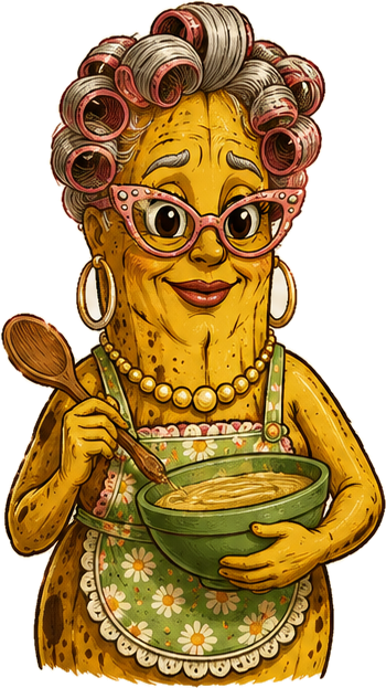A banana granny in curlers mixing batter.
