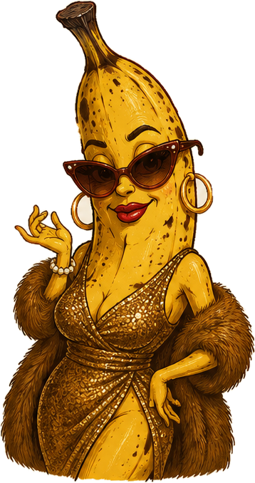 A glamorous banana granny in sunglasses and a fur coat.