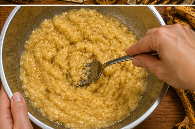 Hands at work: mashing spotted bananas / folding batter in the home kitchen