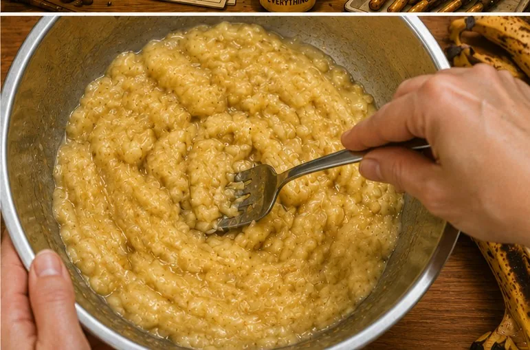 Hands at work: mashing spotted bananas / folding batter in the home kitchen