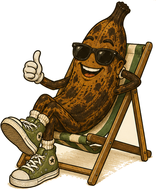 Nearly black banana, sunglasses, green high-tops, beach chair, coconut drink