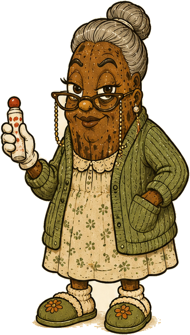 Cat-eye glasses on a chain, cardigan, house slippers, bingo dauber