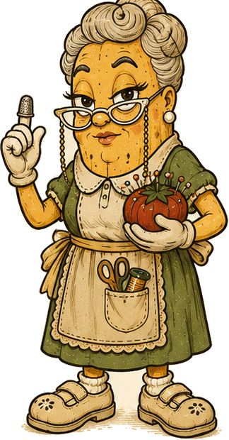 Sewing apron, thimble, guarded pincushion, barely spotted