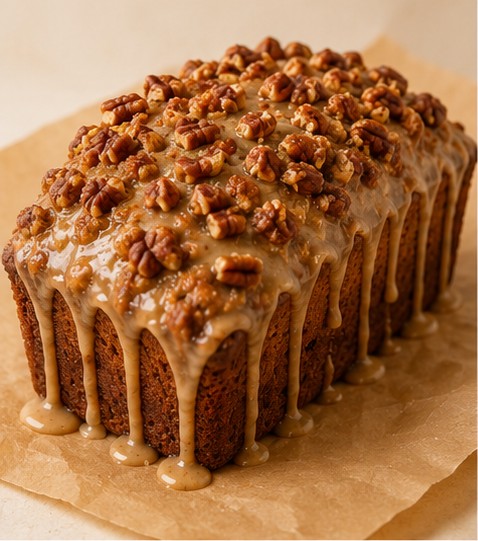 A loaded banana bread loaf with maple glaze running down the sides and toasted pecans on top.
