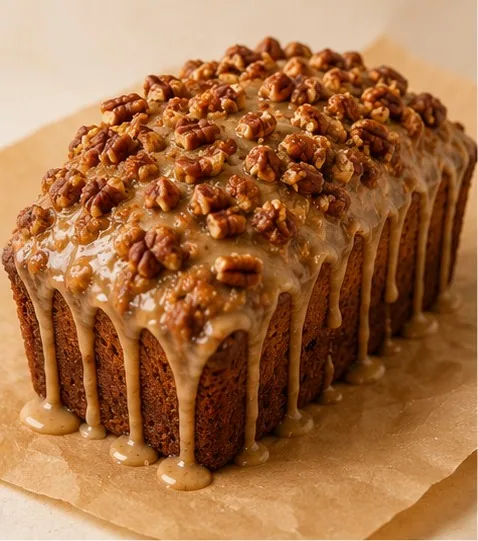 A loaded banana bread loaf with maple glaze running down the sides and toasted pecans on top.