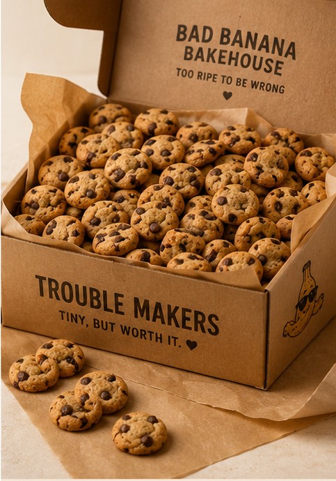 A kraft box packed with a hundred tiny chocolate chip Trouble Makers cookies.