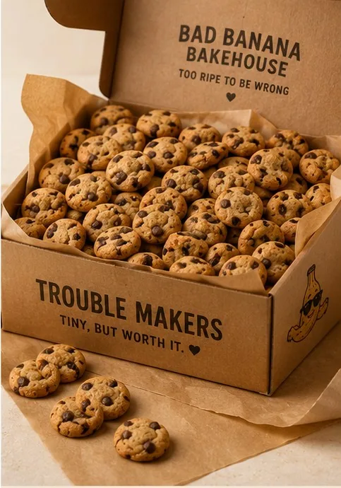 A kraft box packed with a hundred tiny chocolate chip Trouble Makers cookies.