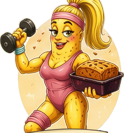 A banana granny in a pink workout leotard and headband with a blonde ponytail, curling a dumbbell in one arm and carrying a loaf of banana bread in a baking pan in the other.