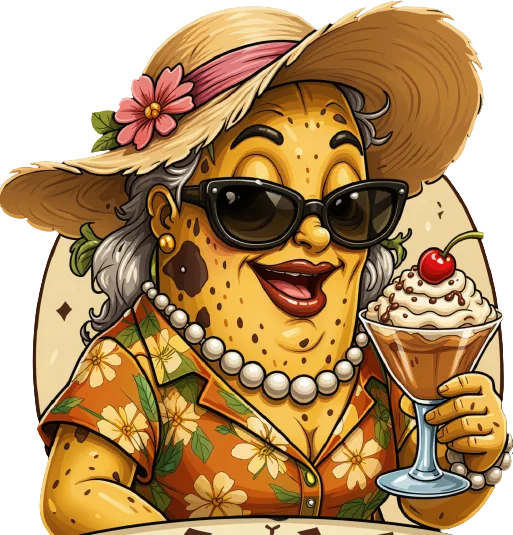 A banana granny in a straw sun hat with a flower, dark sunglasses and pearls, wearing a floral shirt and raising a tall dessert cocktail topped with whipped cream and a cherry.