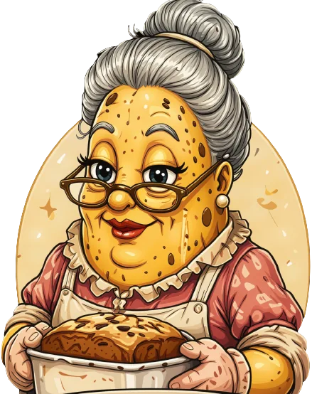 A banana granny with a silver bun, gold glasses and a ruffled apron, holding a fresh loaf of banana bread in a baking dish.