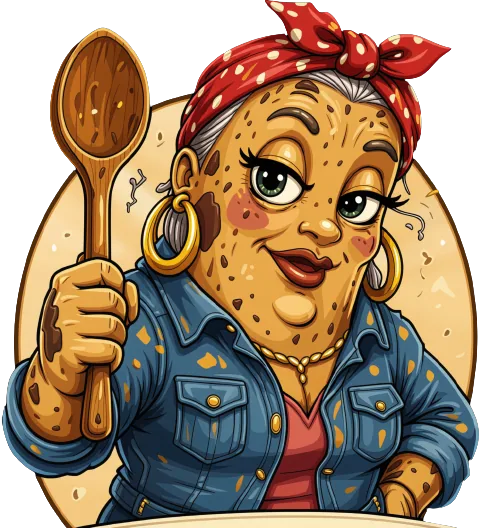 A banana granny in a red polka dot bandana and denim jacket with big gold hoop earrings, holding up a well used wooden spoon.