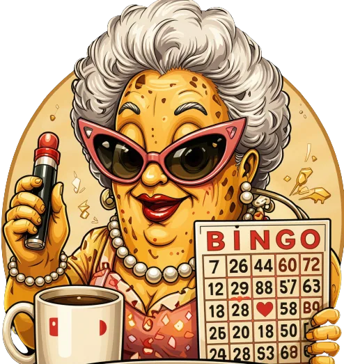 A banana granny with white curls and pink cat eye sunglasses, holding a bingo card and a dauber with a mug of coffee in front of her.