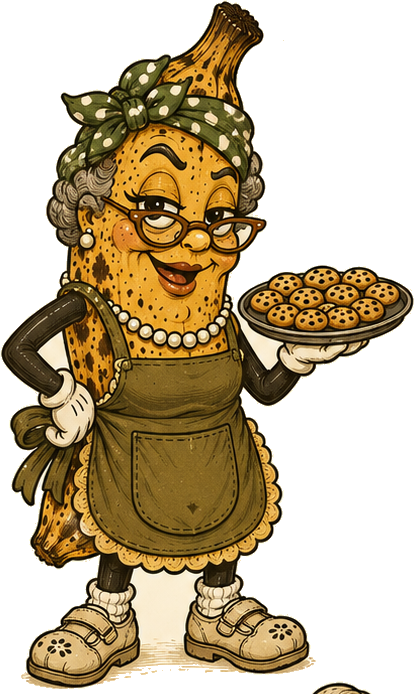 Grey bun, red glasses, pink apron, holding a tray of cookies