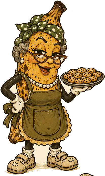 Grey bun, red glasses, pink apron, holding a tray of cookies
