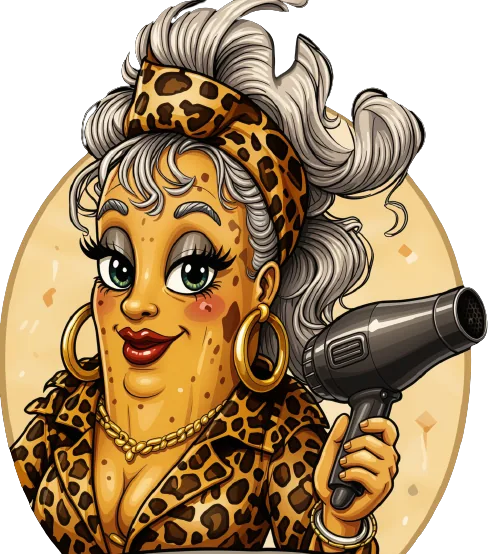 A banana granny with big silver hair in a leopard print robe and headband, gold hoops and chains, aiming a hair dryer like a weapon.