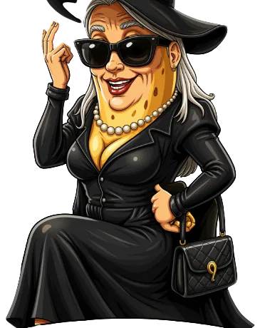 A banana granny in a floor length black dress, wide black hat, dark sunglasses and pearls, holding a quilted black handbag.