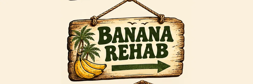 Weathered wooden hanging sign: BANANA REHAB with arrow