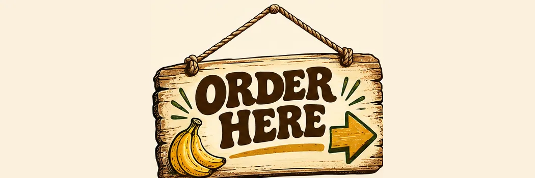 Weathered wooden hanging sign: ORDER HERE with gold arrow