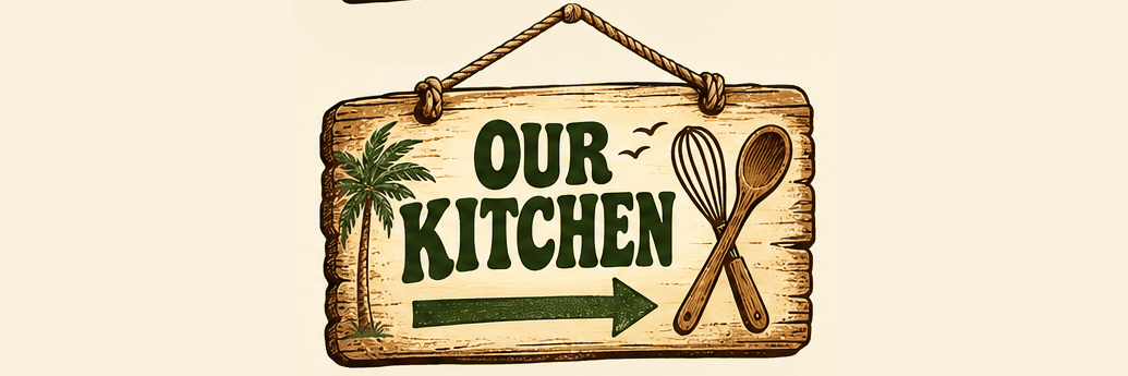 Weathered wooden hanging sign: OUR KITCHEN with whisk and spoon