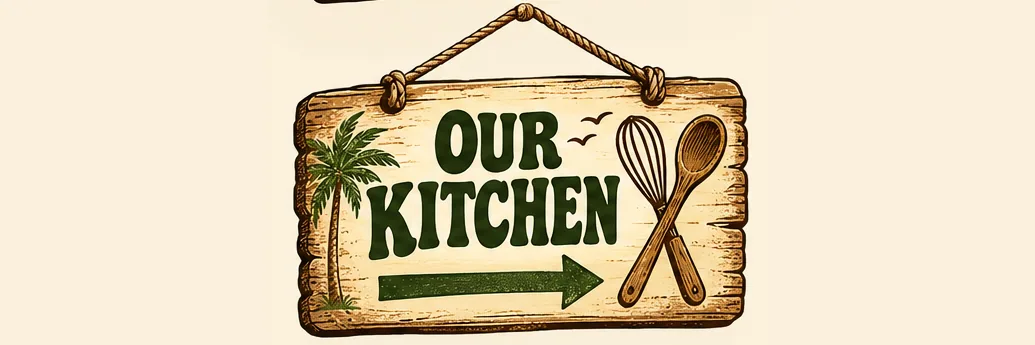 Weathered wooden hanging sign: OUR KITCHEN with whisk and spoon